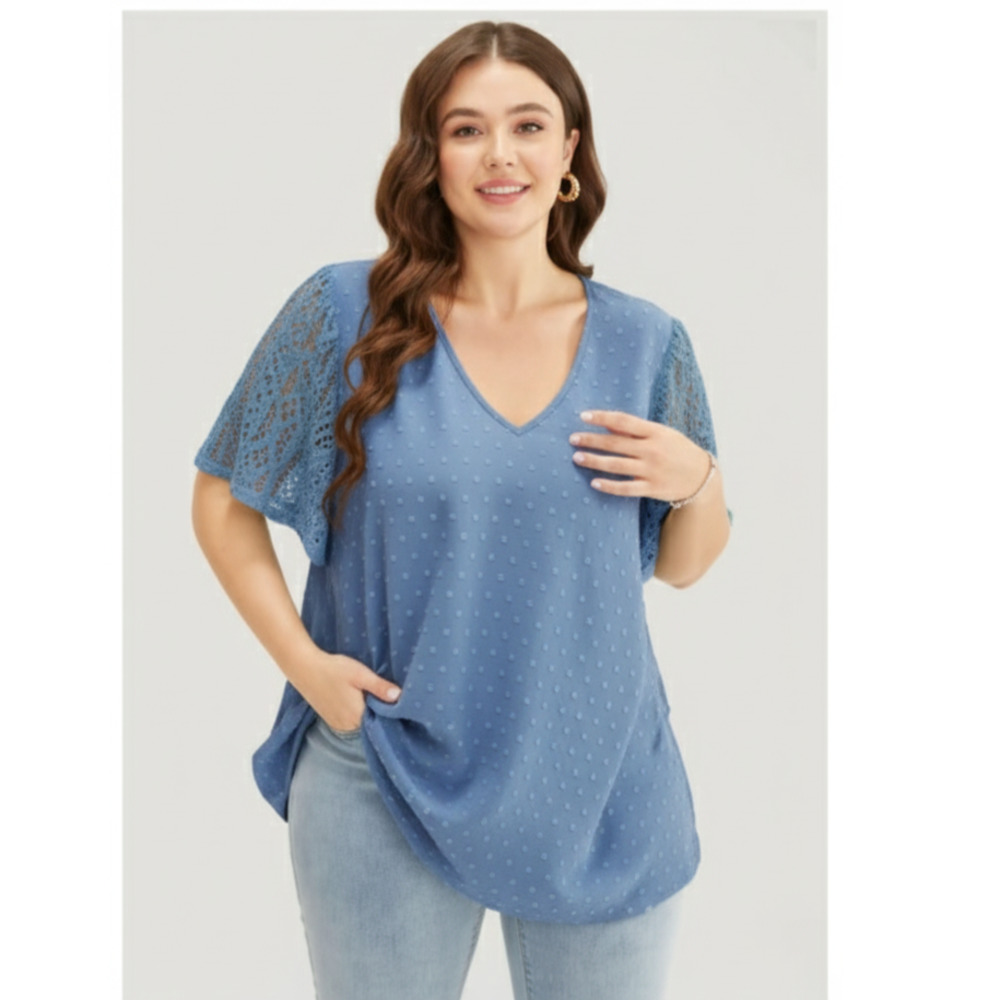 Bloomchic Dusty Blue Swiss Dot Lace Short Sleeve Blouse Top Women 18/ 20 2x